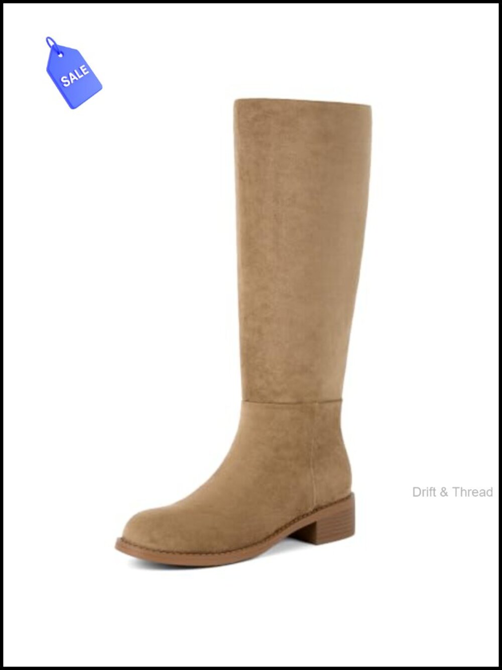 Knee High Flat Boots Low Chunky Heel Round Toe Tall Faux Suede